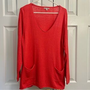 AVALIN Lagenlook V- Neck Long Line Linen & Cotton Orange Tunic w/ Pockets Sz XL